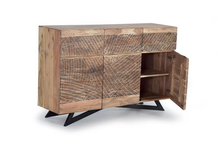 GINER Y COLOMER - Buffet 3 portes et 3 tiroirs en bois d'acacia massif avec patines naturelle et noire, pieds en fer forgé (90x140x40 cm)